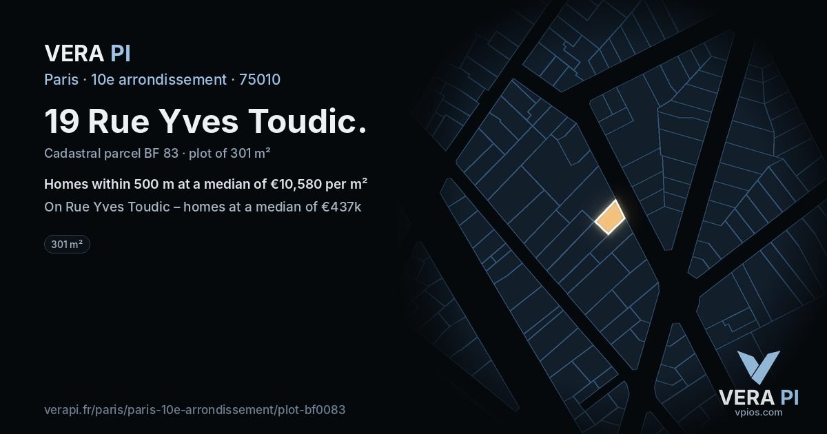 19 Rue Yves Toudic, 10e arrondissement at night – the plot lit, the parcels around coloured by the prices near them
