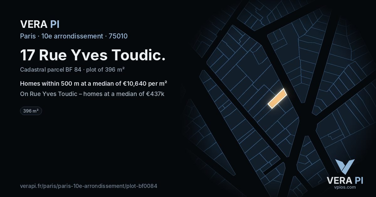 17 Rue Yves Toudic, 10e arrondissement at night – the plot lit, the parcels around coloured by the prices near them