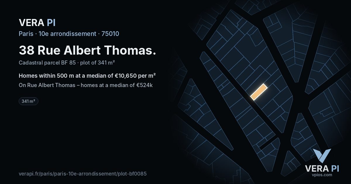 38 Rue Albert Thomas, 10e arrondissement at night – the plot lit, the parcels around coloured by the prices near them