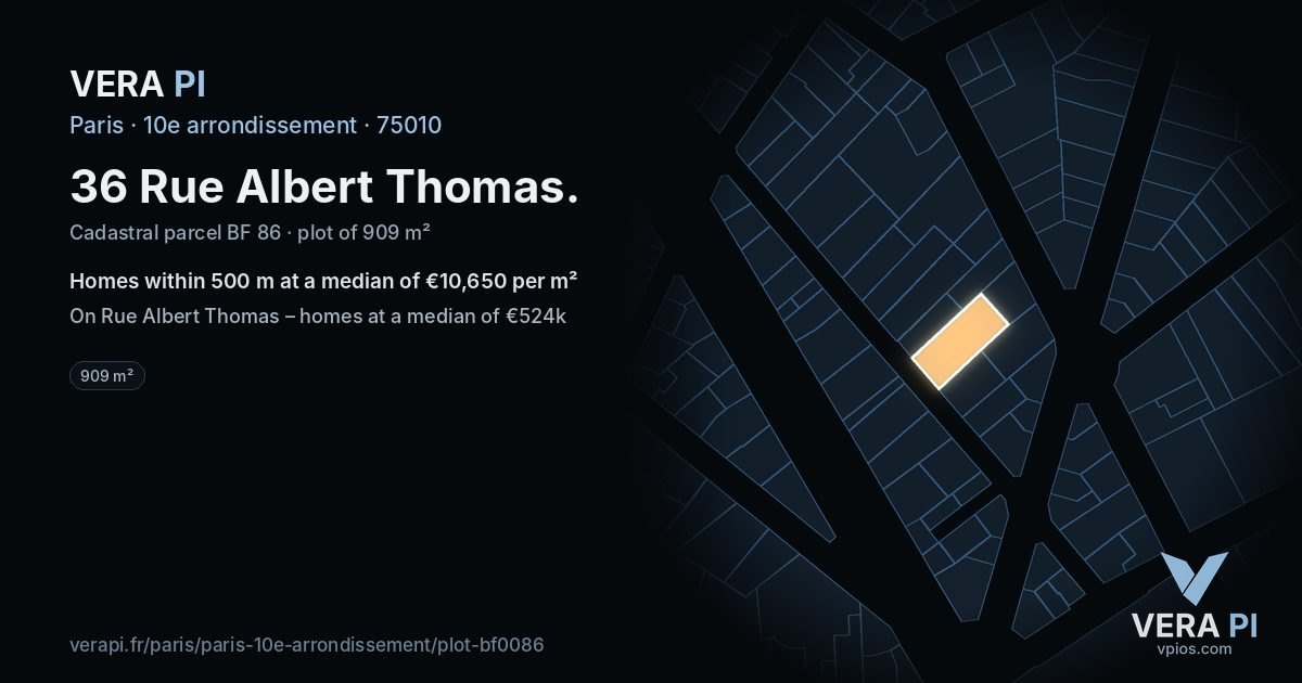 36 Rue Albert Thomas, 10e arrondissement at night – the plot lit, the parcels around coloured by the prices near them