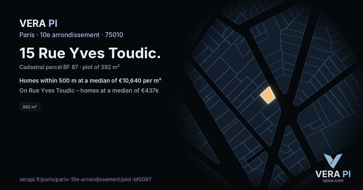 15 Rue Yves Toudic, 10e arrondissement at night – the plot lit, the parcels around coloured by the prices near them