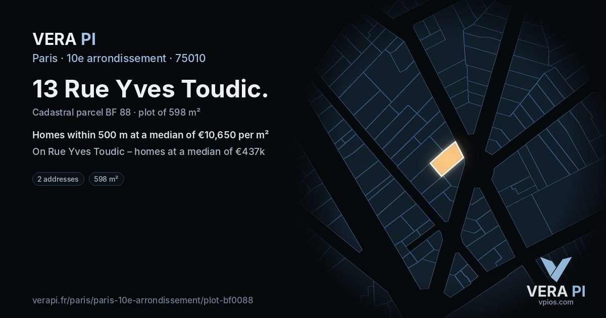 13 Rue Yves Toudic, 10e arrondissement at night – the plot lit, the parcels around coloured by the prices near them