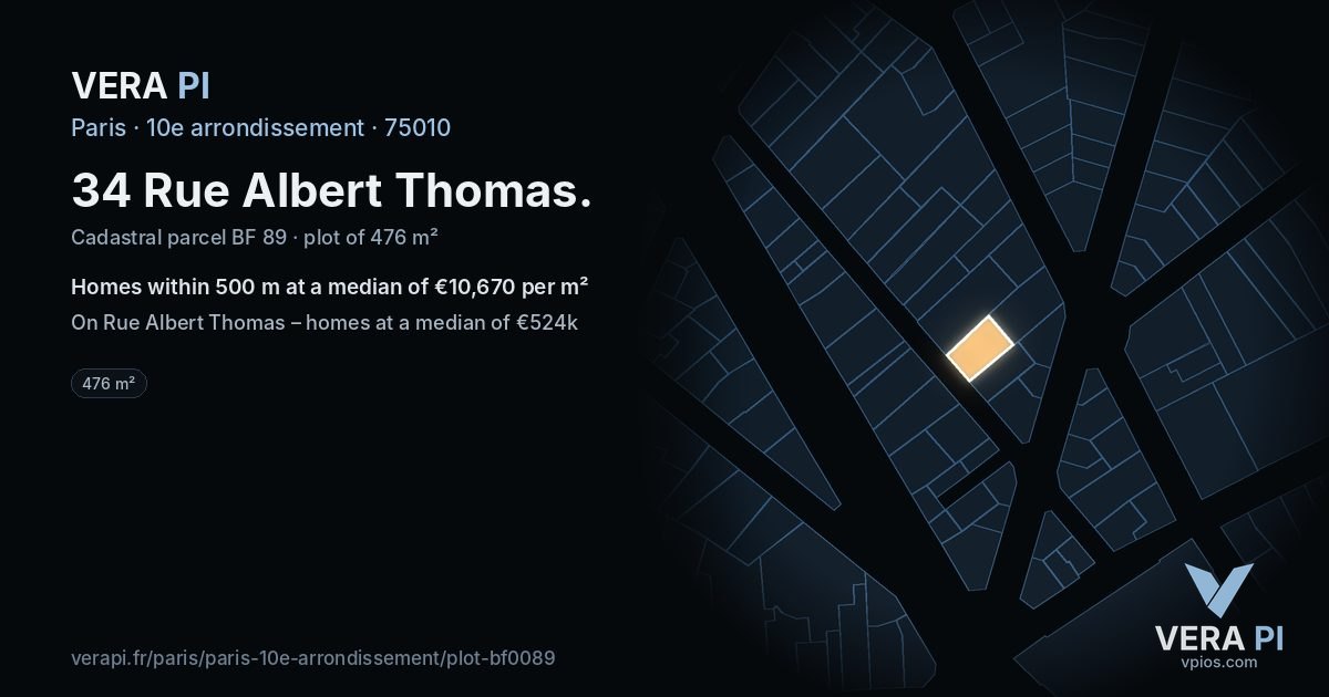 34 Rue Albert Thomas, 10e arrondissement at night – the plot lit, the parcels around coloured by the prices near them