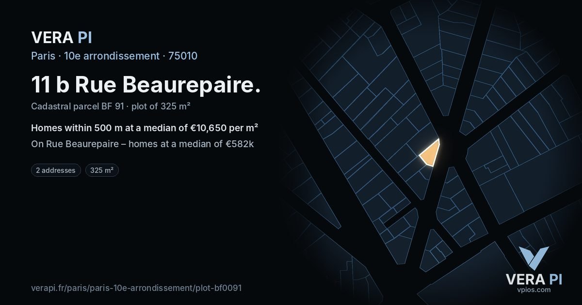 11 b Rue Beaurepaire, 10e arrondissement at night – the plot lit, the parcels around coloured by the prices near them
