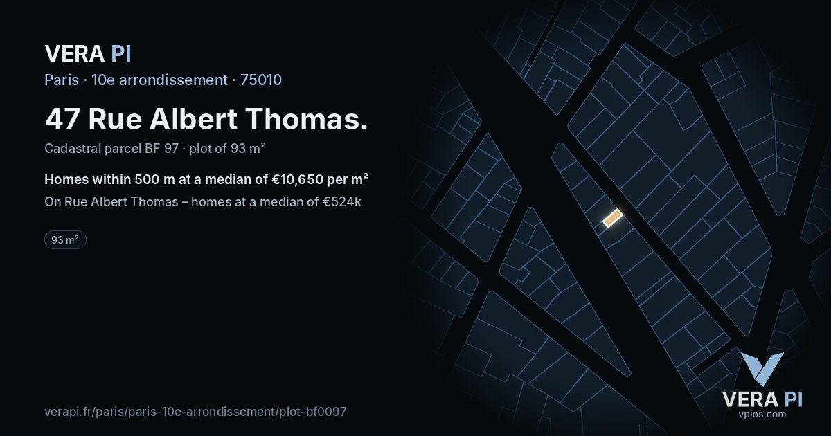 47 Rue Albert Thomas, 10e arrondissement at night – the plot lit, the parcels around coloured by the prices near them