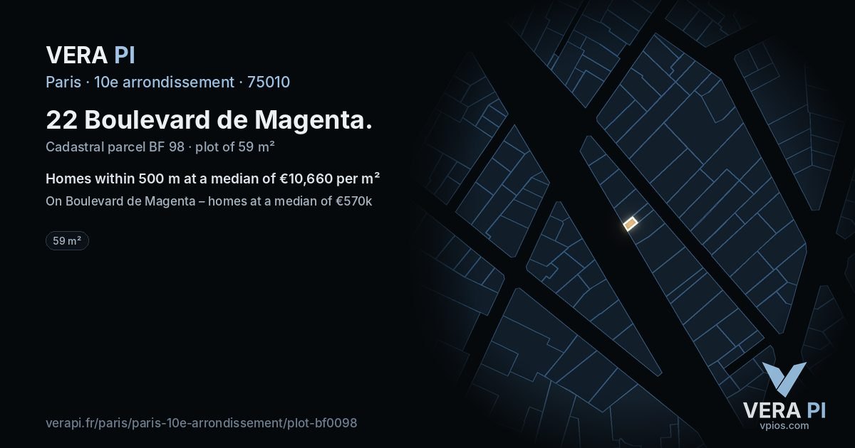 22 Boulevard de Magenta, 10e arrondissement at night – the plot lit, the parcels around coloured by the prices near them