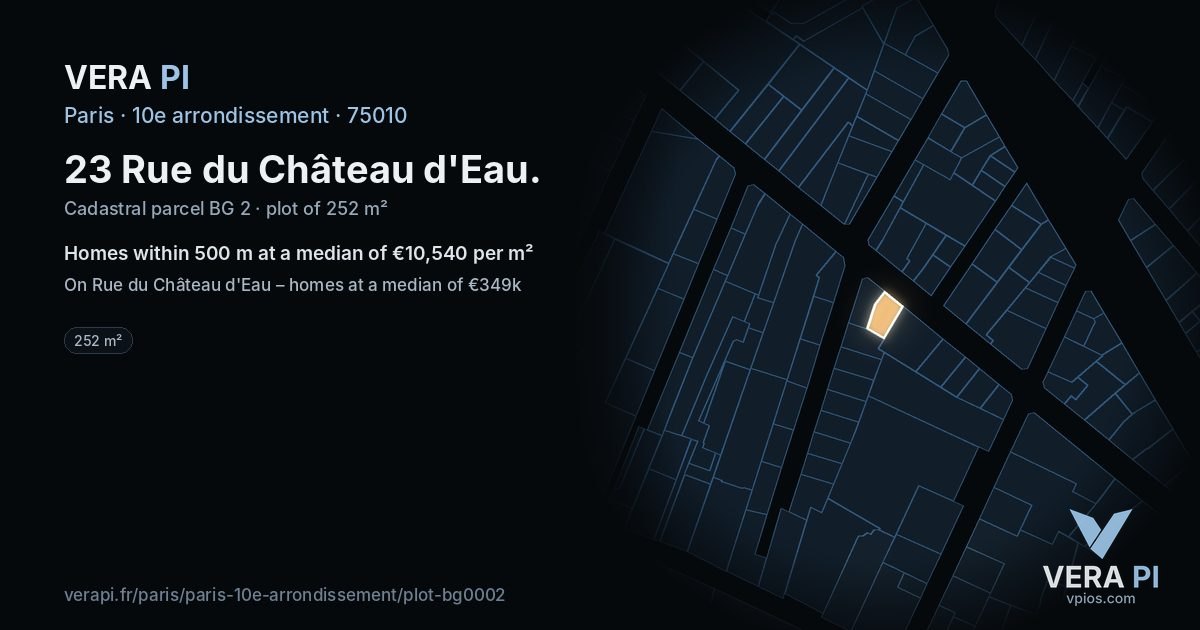 23 Rue du Château d'Eau, 10e arrondissement at night – the plot lit, the parcels around coloured by the prices near them