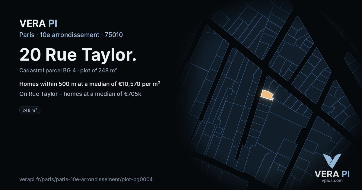 20 Rue Taylor, 10e arrondissement at night – the plot lit, the parcels around coloured by the prices near them
