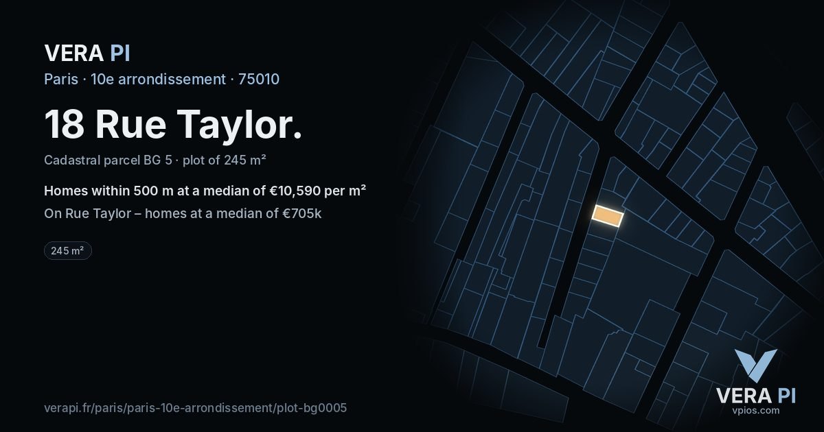 18 Rue Taylor, 10e arrondissement at night – the plot lit, the parcels around coloured by the prices near them