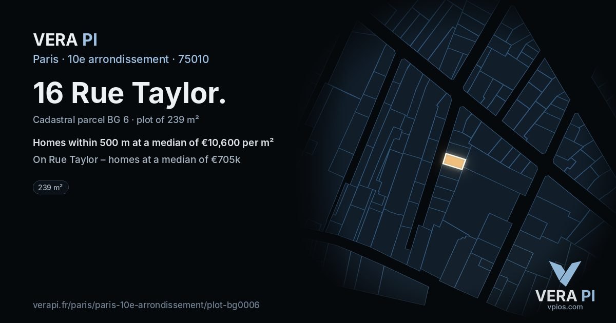 16 Rue Taylor, 10e arrondissement at night – the plot lit, the parcels around coloured by the prices near them