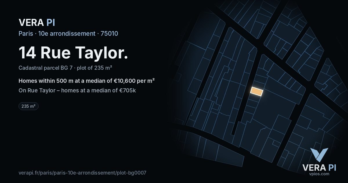 14 Rue Taylor, 10e arrondissement at night – the plot lit, the parcels around coloured by the prices near them