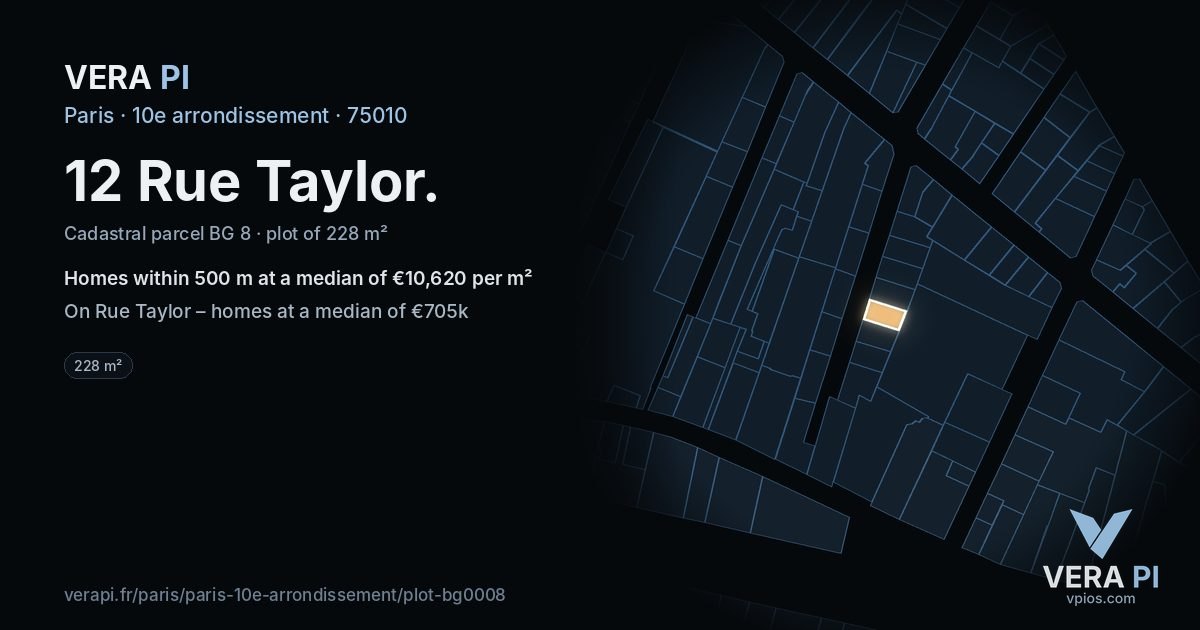 12 Rue Taylor, 10e arrondissement at night – the plot lit, the parcels around coloured by the prices near them