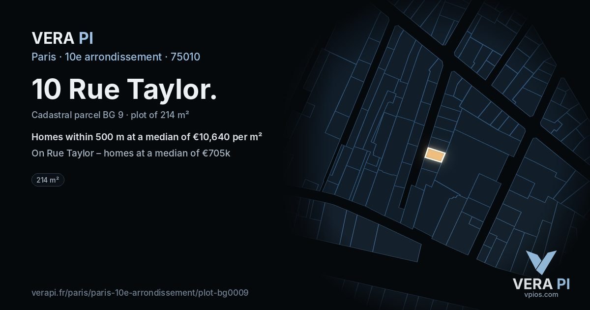 10 Rue Taylor, 10e arrondissement at night – the plot lit, the parcels around coloured by the prices near them