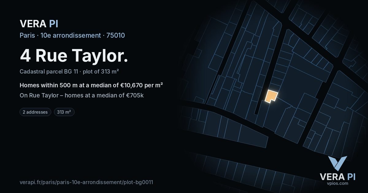 4 Rue Taylor, 10e arrondissement at night – the plot lit, the parcels around coloured by the prices near them
