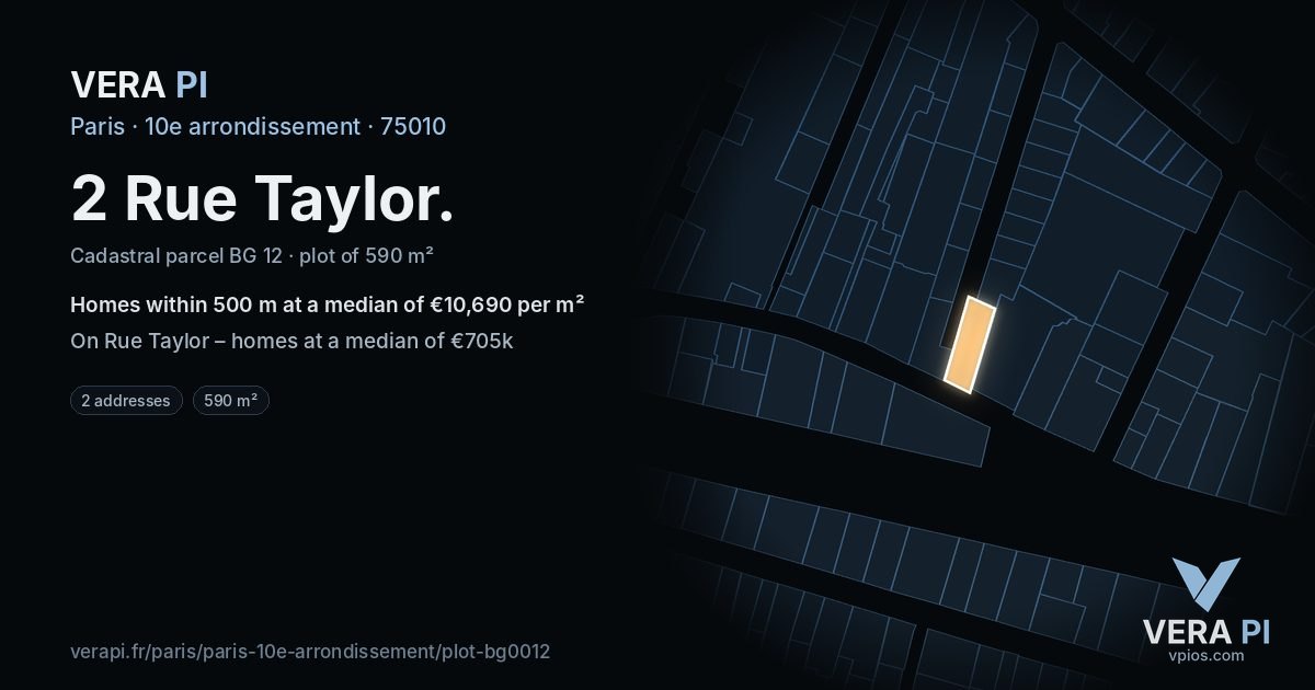 2 Rue Taylor, 10e arrondissement at night – the plot lit, the parcels around coloured by the prices near them