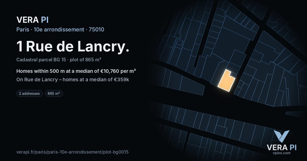 1 Rue de Lancry, 10e arrondissement at night – the plot lit, the parcels around coloured by the prices near them