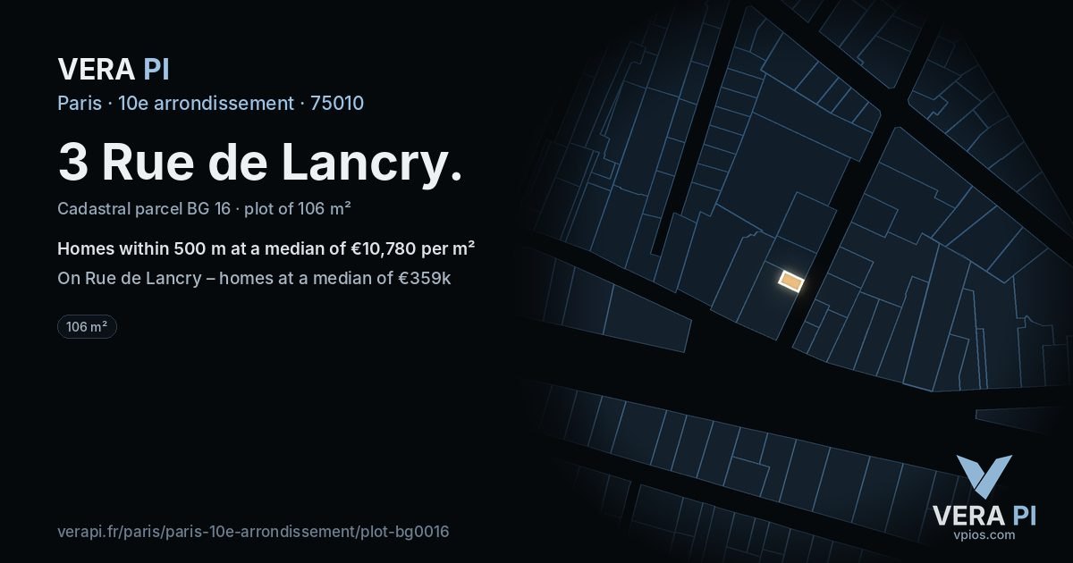 3 Rue de Lancry, 10e arrondissement at night – the plot lit, the parcels around coloured by the prices near them