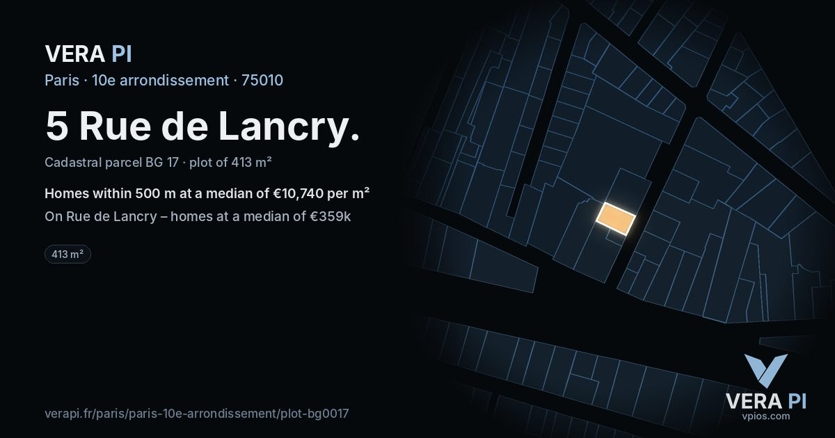 5 Rue de Lancry, 10e arrondissement at night – the plot lit, the parcels around coloured by the prices near them