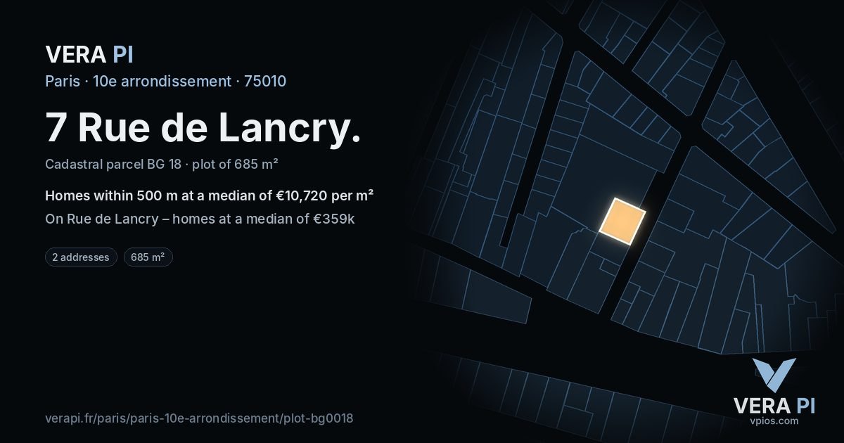 7 Rue de Lancry, 10e arrondissement at night – the plot lit, the parcels around coloured by the prices near them
