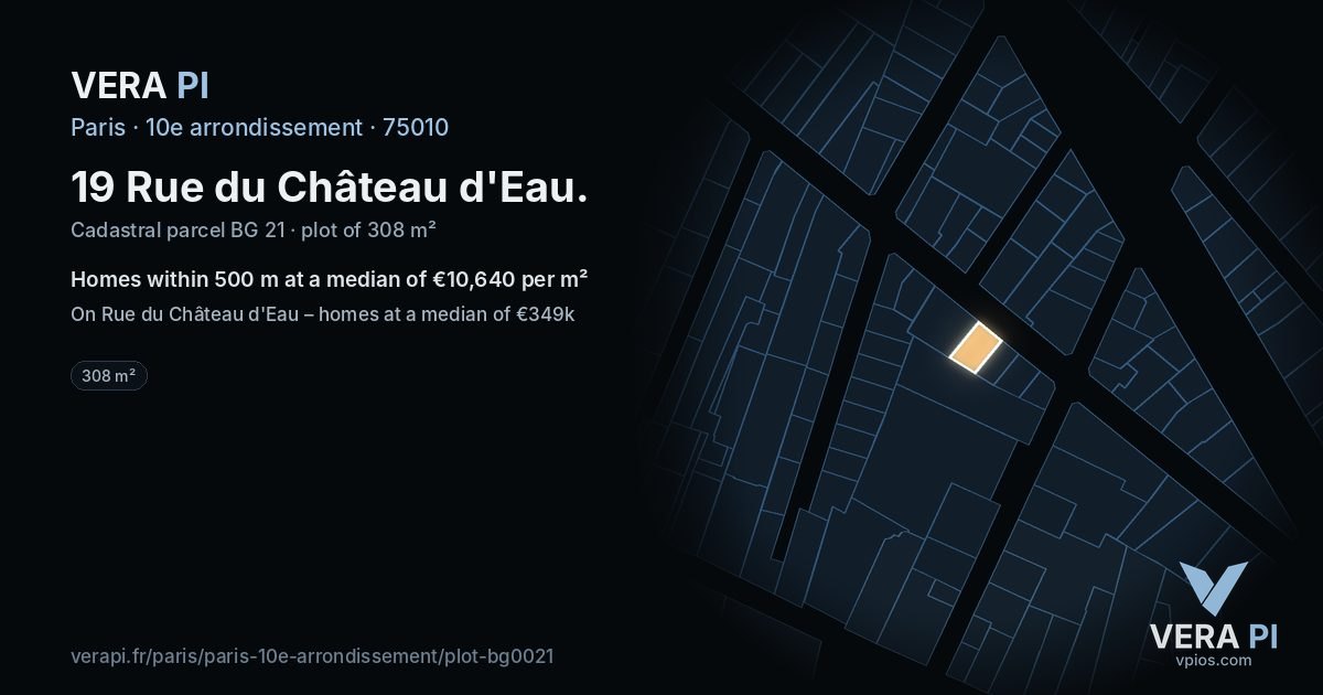 19 Rue du Château d'Eau, 10e arrondissement at night – the plot lit, the parcels around coloured by the prices near them