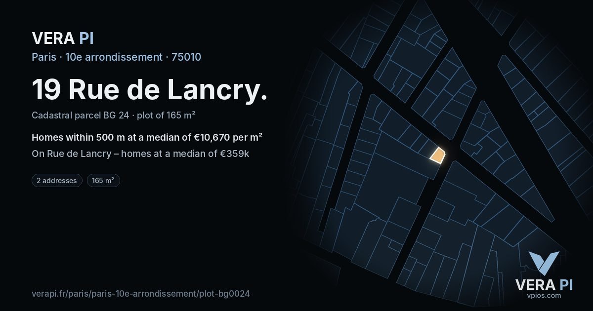 19 Rue de Lancry, 10e arrondissement at night – the plot lit, the parcels around coloured by the prices near them