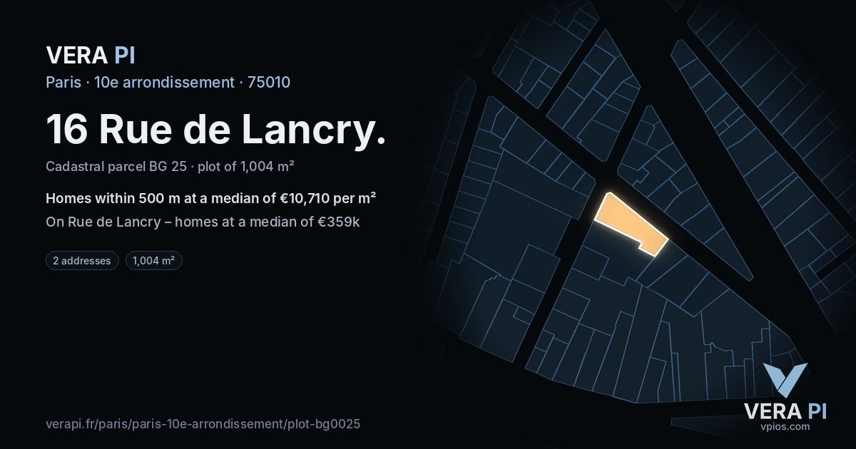 16 Rue de Lancry, 10e arrondissement at night – the plot lit, the parcels around coloured by the prices near them