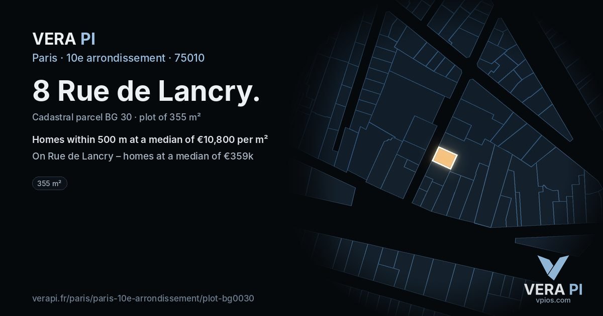 8 Rue de Lancry, 10e arrondissement at night – the plot lit, the parcels around coloured by the prices near them