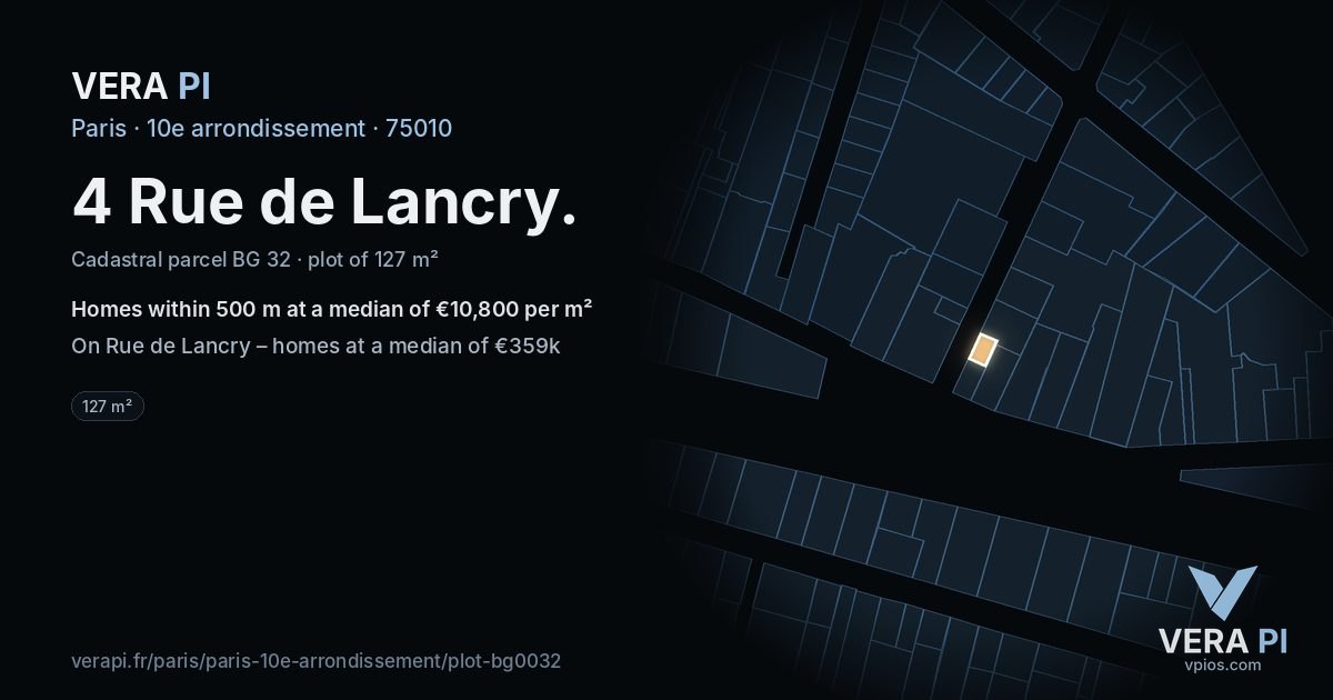 4 Rue de Lancry, 10e arrondissement at night – the plot lit, the parcels around coloured by the prices near them