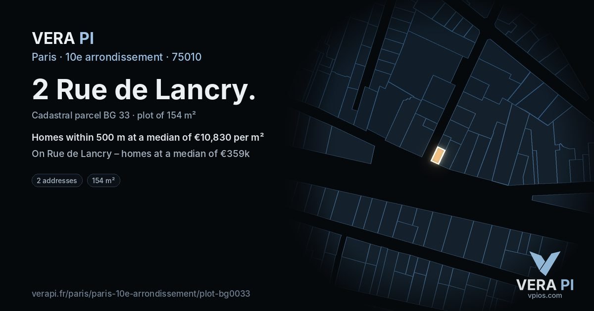 2 Rue de Lancry, 10e arrondissement at night – the plot lit, the parcels around coloured by the prices near them