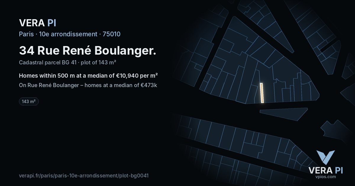 34 Rue René Boulanger, 10e arrondissement at night – the plot lit, the parcels around coloured by the prices near them