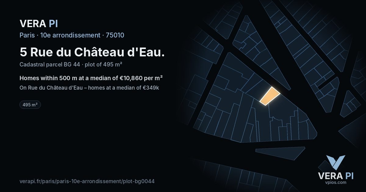 5 Rue du Château d'Eau, 10e arrondissement at night – the plot lit, the parcels around coloured by the prices near them