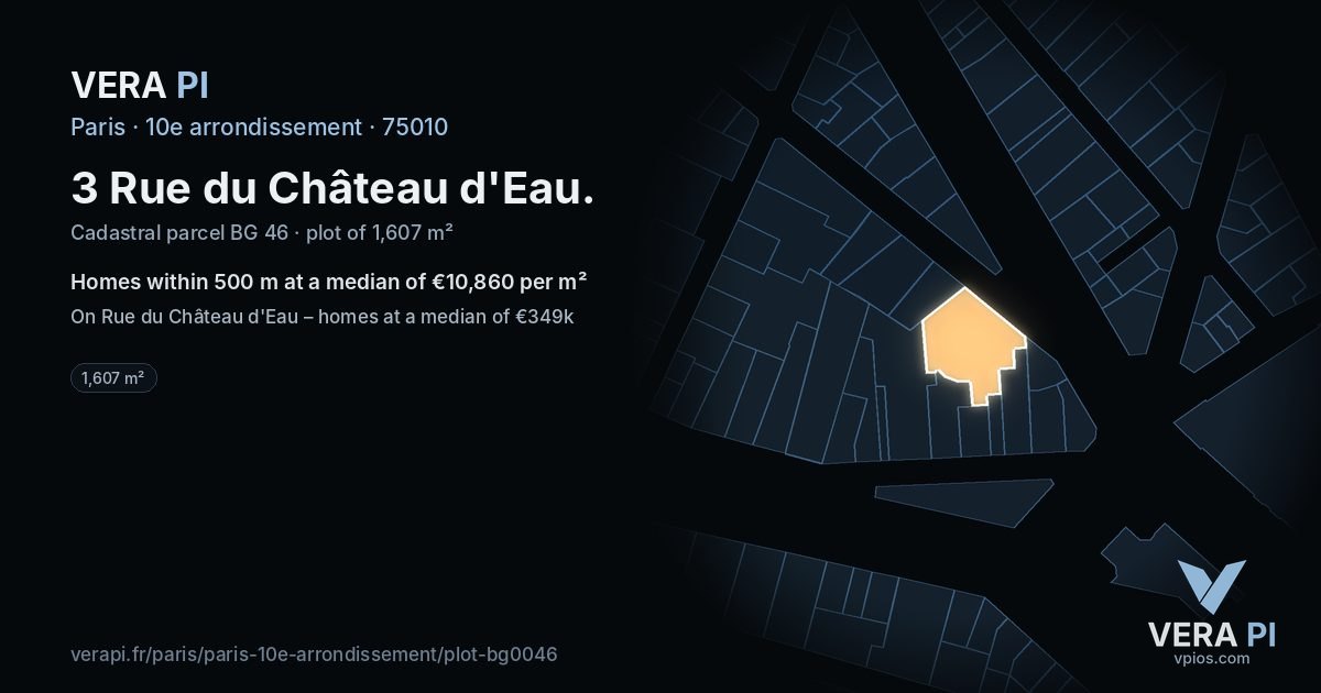 3 Rue du Château d'Eau, 10e arrondissement at night – the plot lit, the parcels around coloured by the prices near them