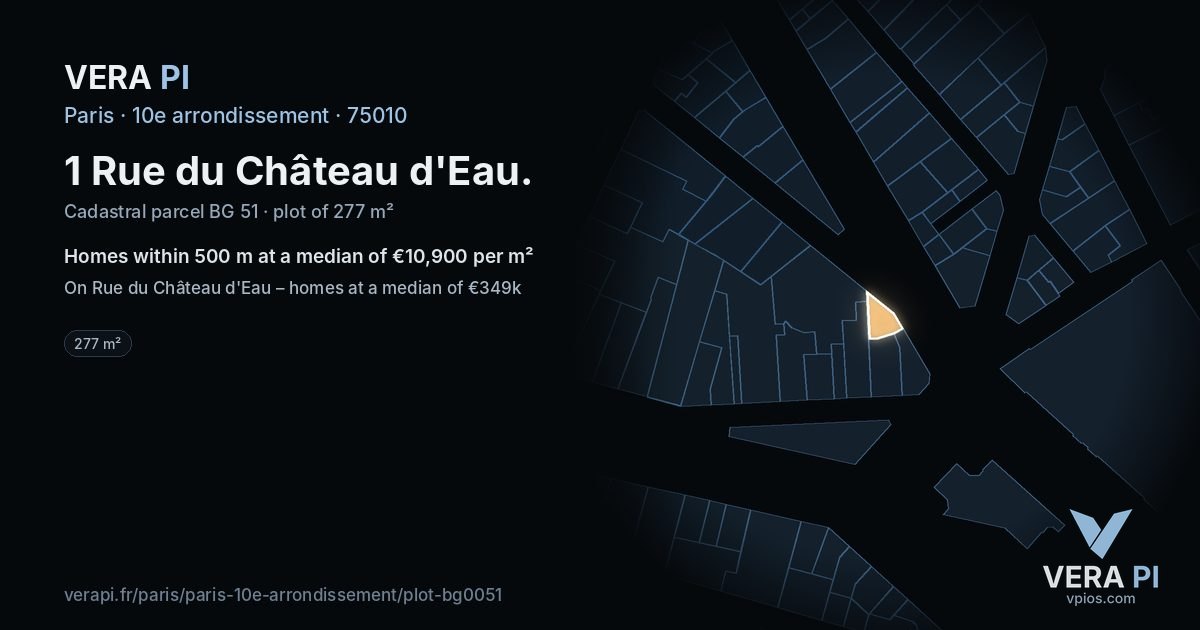 1 Rue du Château d'Eau, 10e arrondissement at night – the plot lit, the parcels around coloured by the prices near them