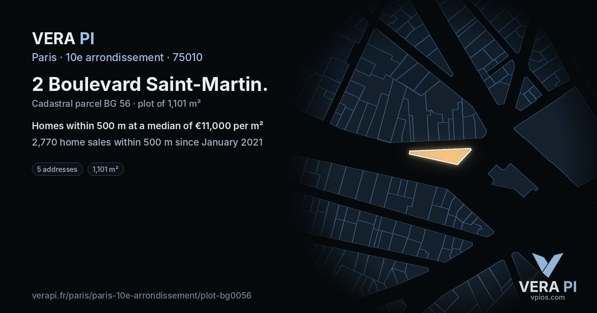 2 Boulevard Saint-Martin, 10e arrondissement at night – the plot lit, the parcels around coloured by the prices near them