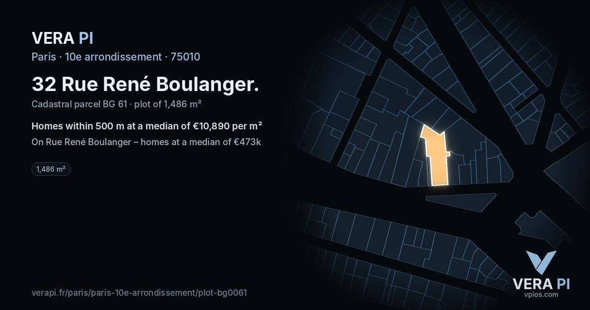 32 Rue René Boulanger, 10e arrondissement at night – the plot lit, the parcels around coloured by the prices near them