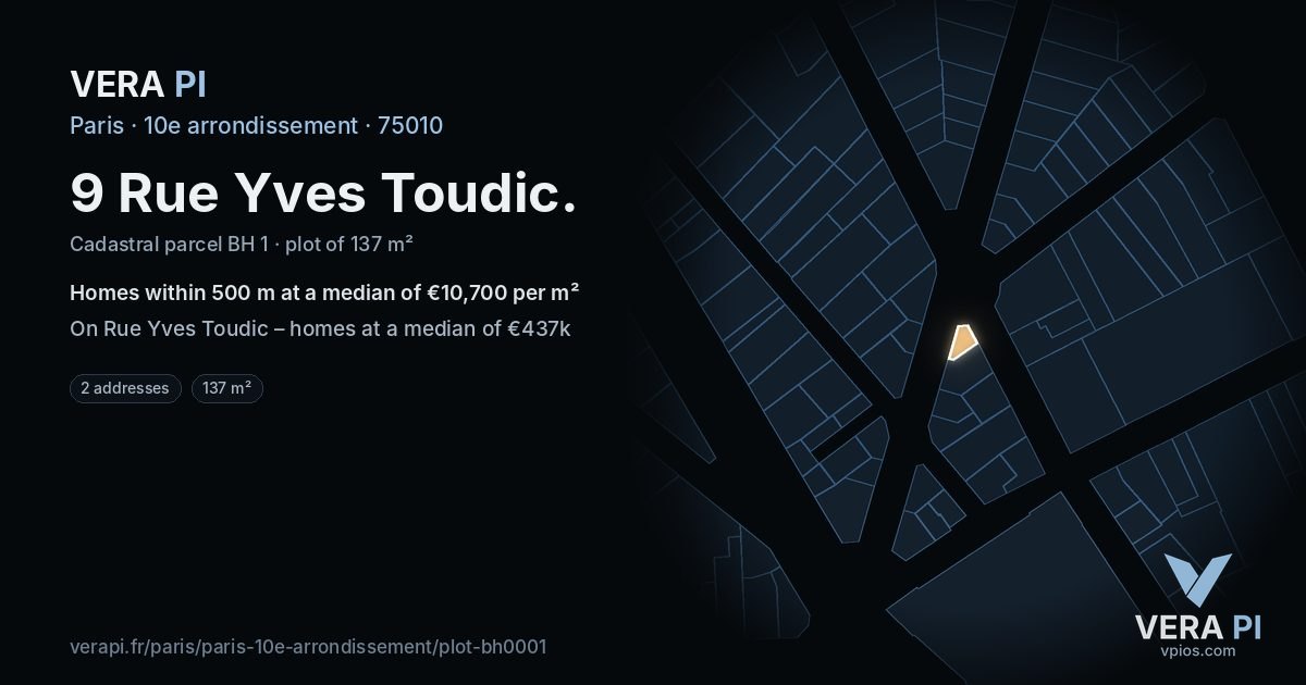 9 Rue Yves Toudic, 10e arrondissement at night – the plot lit, the parcels around coloured by the prices near them