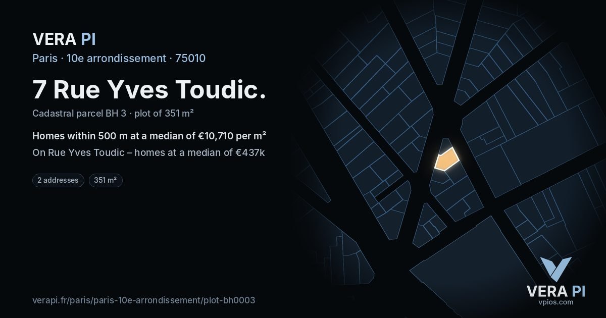 7 Rue Yves Toudic, 10e arrondissement at night – the plot lit, the parcels around coloured by the prices near them