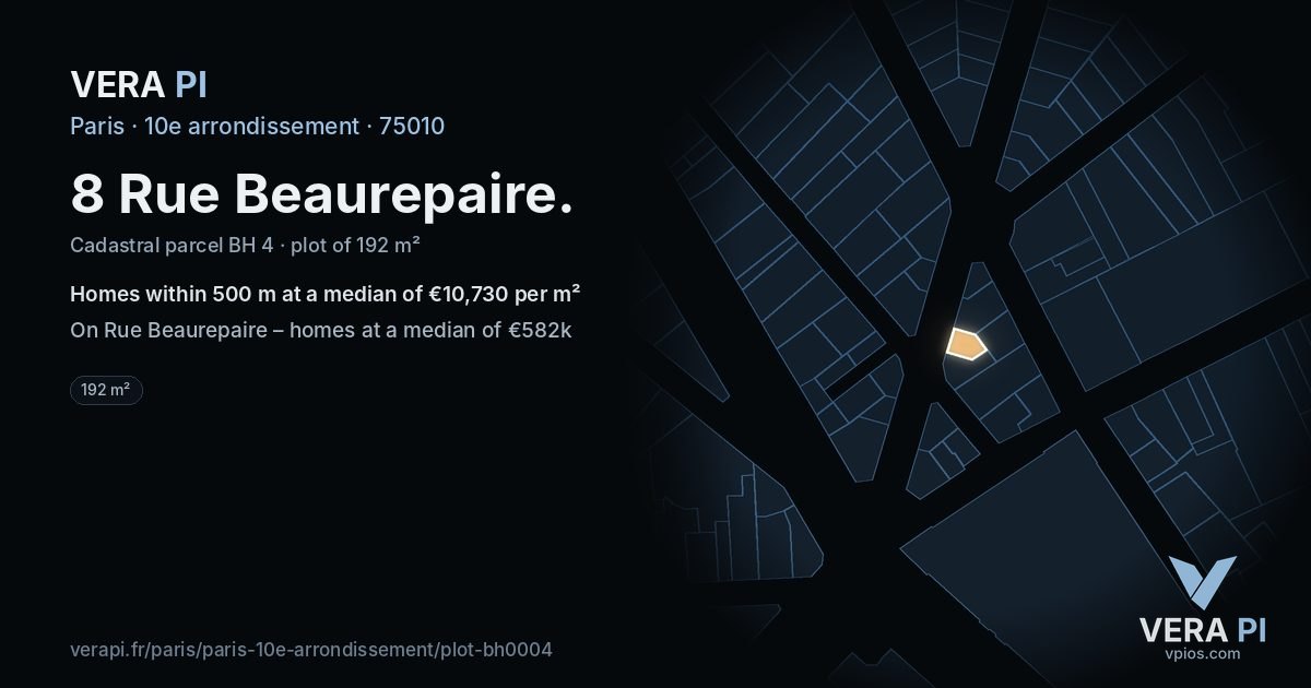 8 Rue Beaurepaire, 10e arrondissement at night – the plot lit, the parcels around coloured by the prices near them