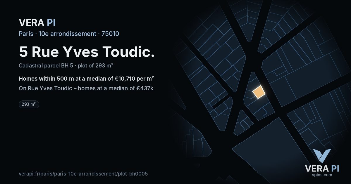 5 Rue Yves Toudic, 10e arrondissement at night – the plot lit, the parcels around coloured by the prices near them