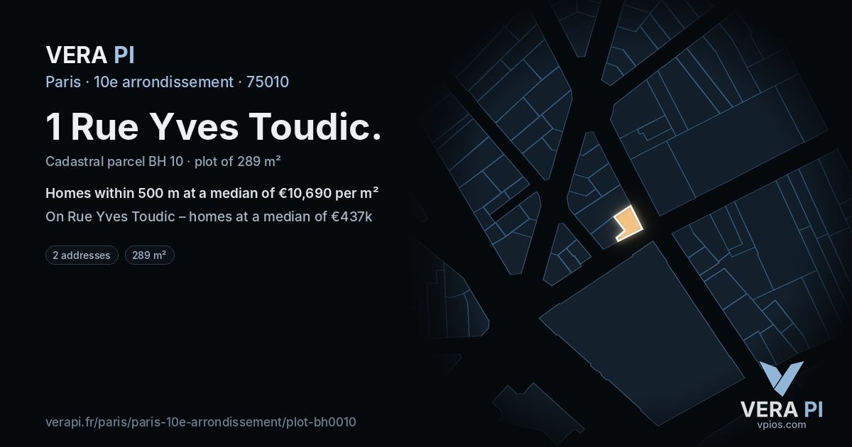 1 Rue Yves Toudic, 10e arrondissement at night – the plot lit, the parcels around coloured by the prices near them