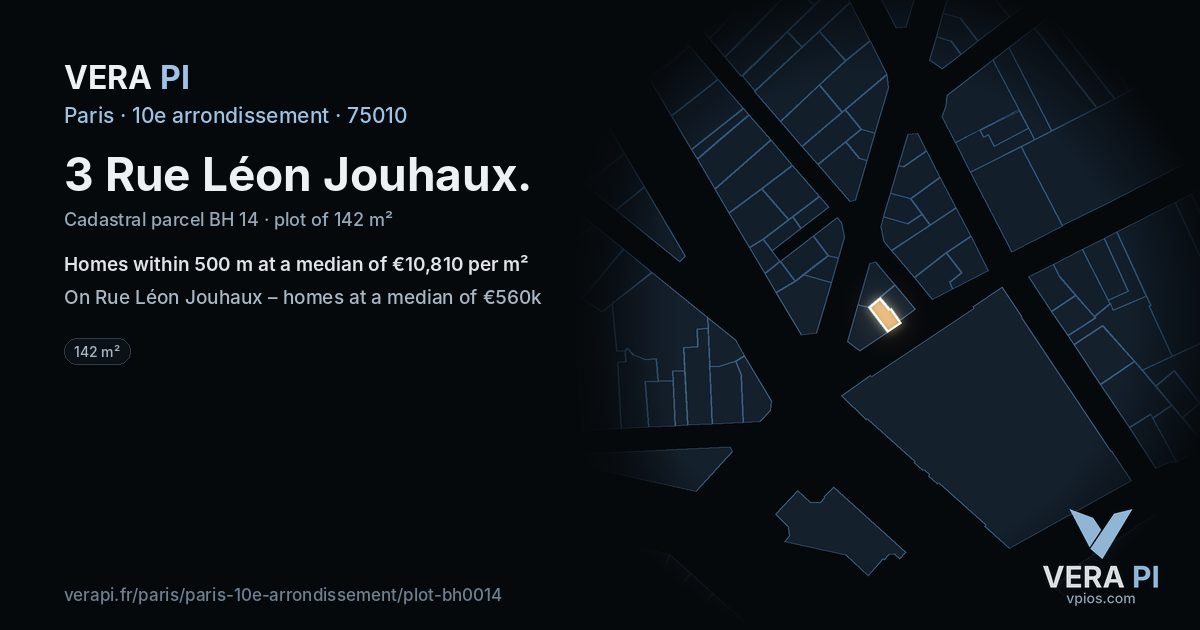 3 Rue Léon Jouhaux, 10e arrondissement at night – the plot lit, the parcels around coloured by the prices near them