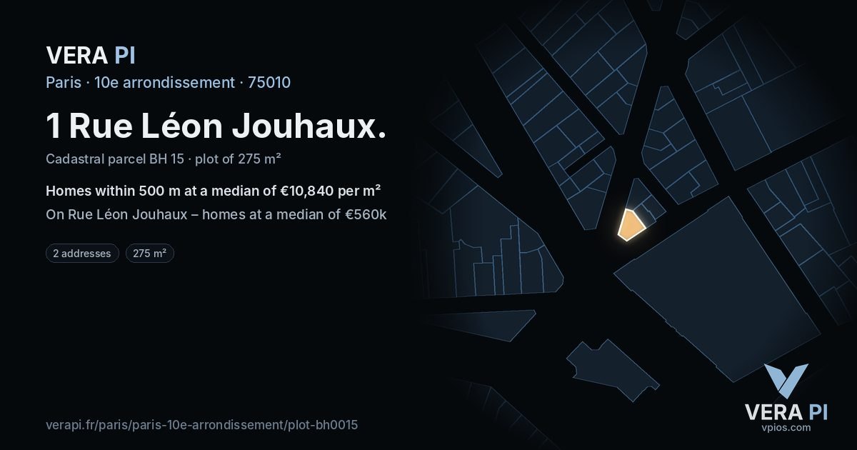 1 Rue Léon Jouhaux, 10e arrondissement at night – the plot lit, the parcels around coloured by the prices near them