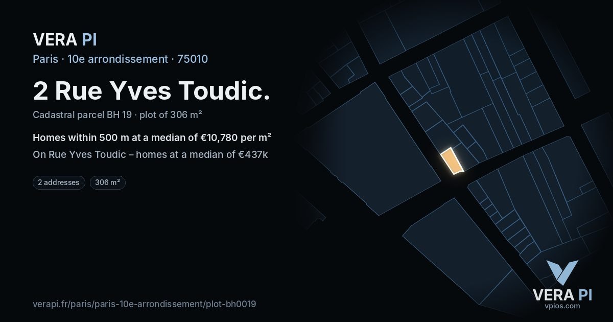 2 Rue Yves Toudic, 10e arrondissement at night – the plot lit, the parcels around coloured by the prices near them