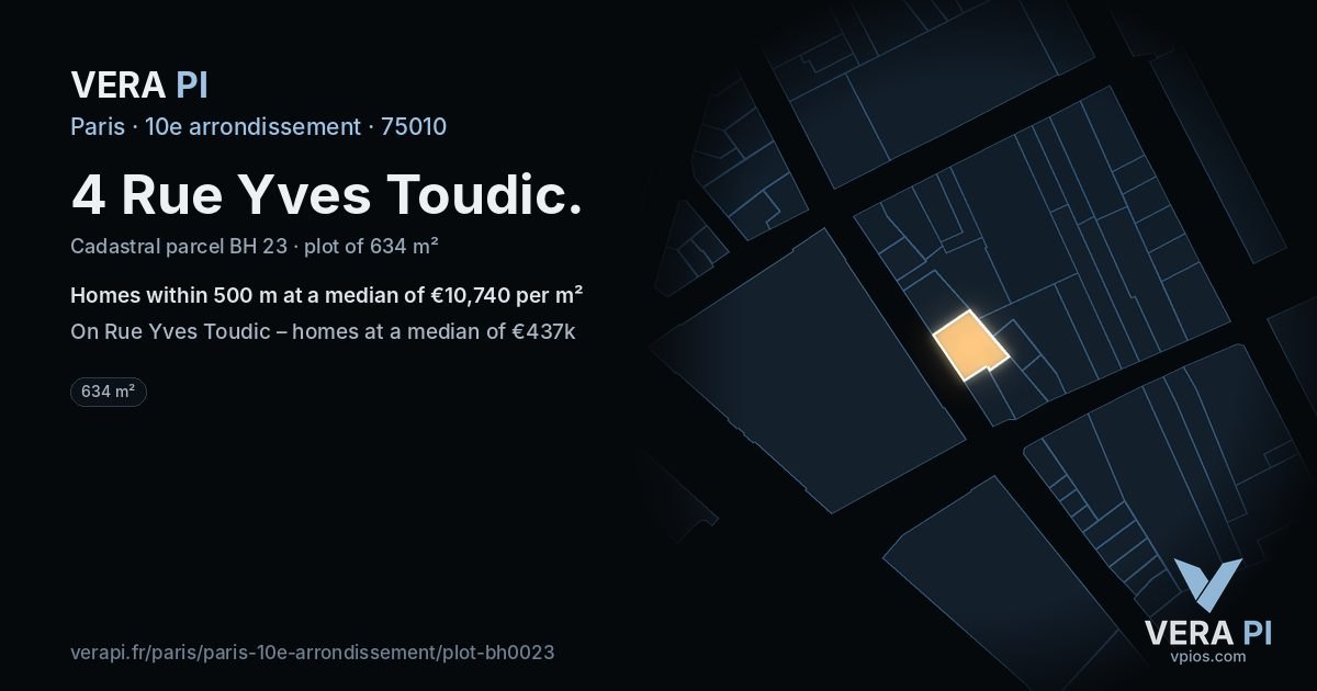 4 Rue Yves Toudic, 10e arrondissement at night – the plot lit, the parcels around coloured by the prices near them
