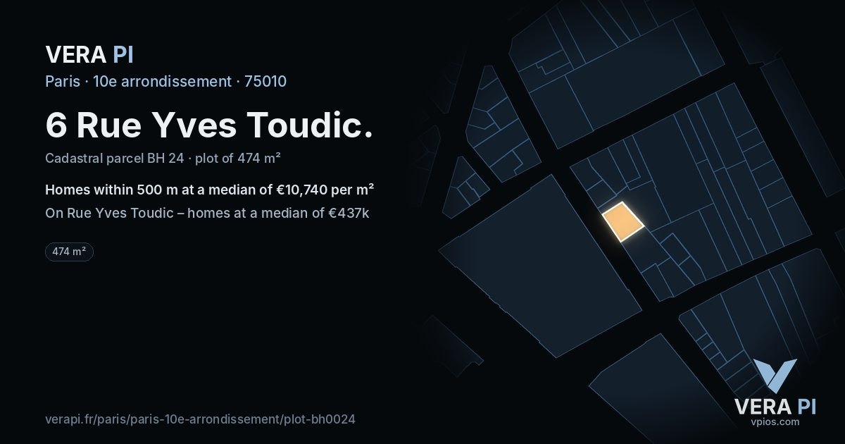 6 Rue Yves Toudic, 10e arrondissement at night – the plot lit, the parcels around coloured by the prices near them