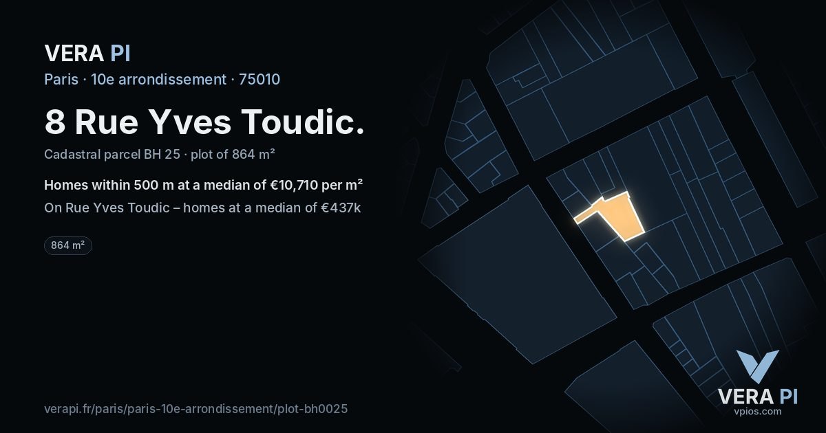 8 Rue Yves Toudic, 10e arrondissement at night – the plot lit, the parcels around coloured by the prices near them