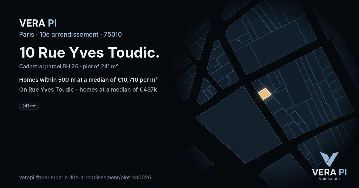 10 Rue Yves Toudic, 10e arrondissement at night – the plot lit, the parcels around coloured by the prices near them