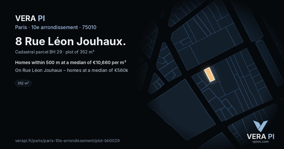 8 Rue Léon Jouhaux, 10e arrondissement at night – the plot lit, the parcels around coloured by the prices near them