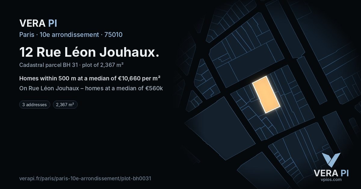 12 Rue Léon Jouhaux, 10e arrondissement at night – the plot lit, the parcels around coloured by the prices near them