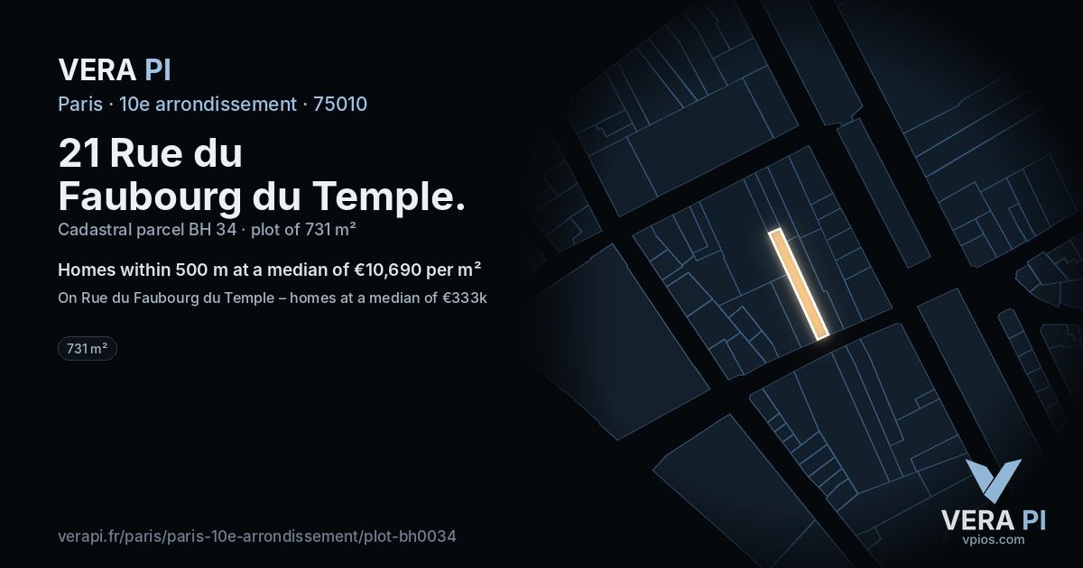 21 Rue du Faubourg du Temple, 10e arrondissement at night – the plot lit, the parcels around coloured by the prices near them